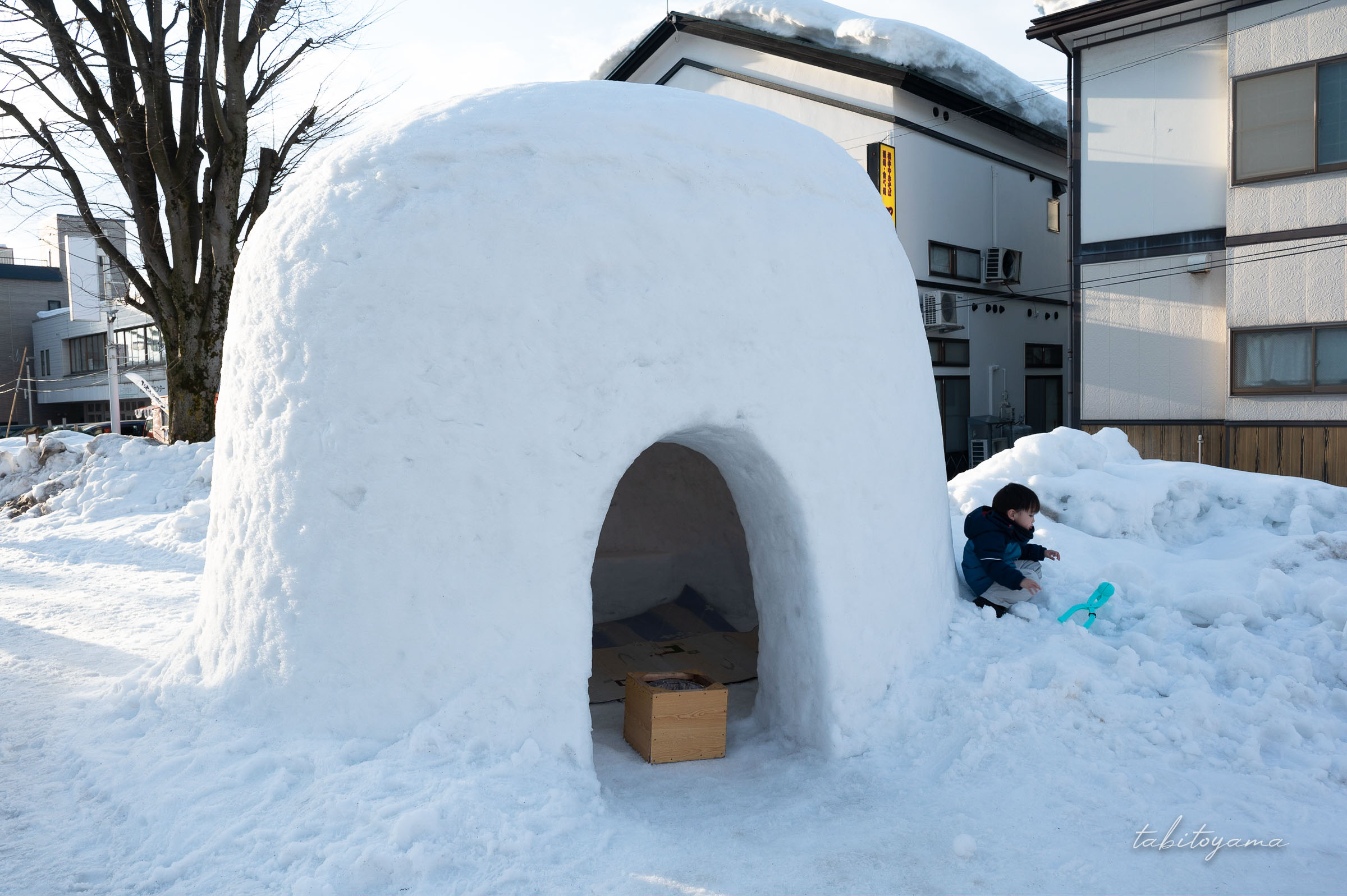 かまくらの隣で雪遊びをする息子