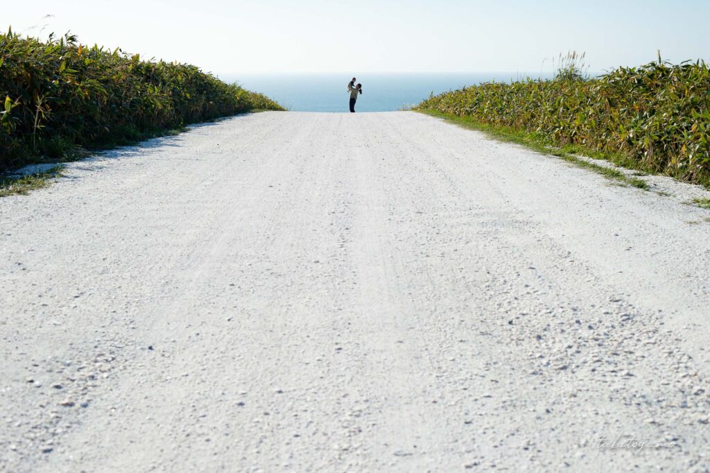 宗谷丘陵の白い道から海に続く先に妻に抱き上げられた息子