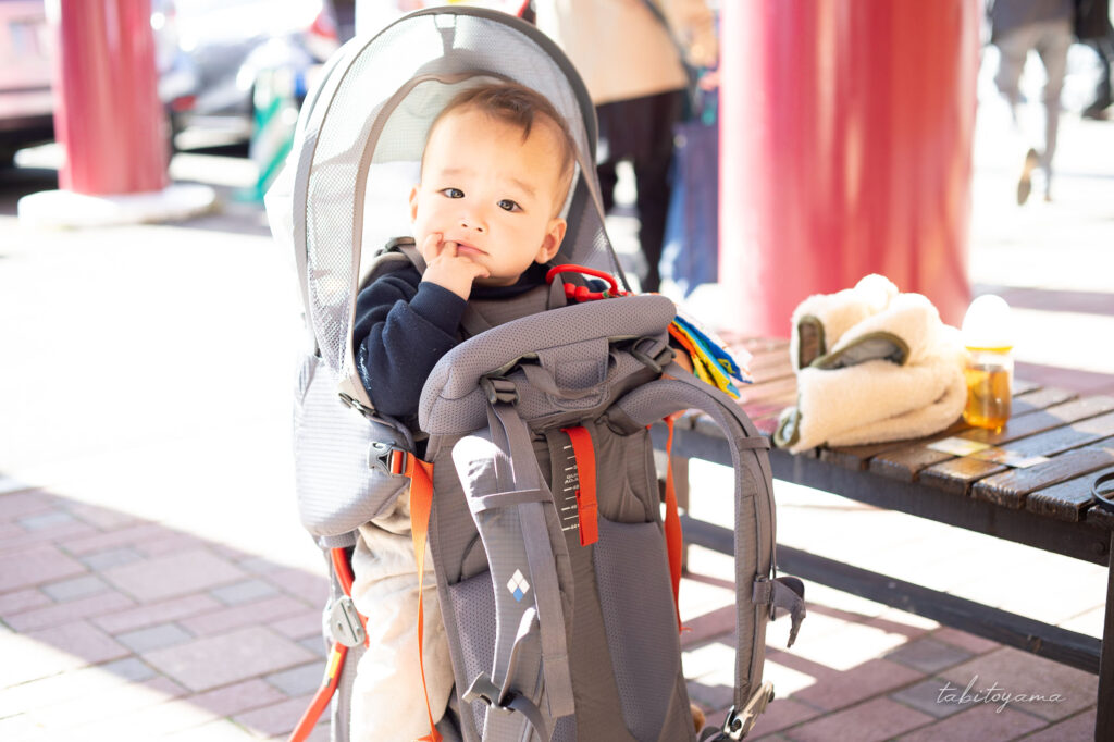 モンベルのベビーキャリアに乗せられ、指を咥えながらこちらを向く息子