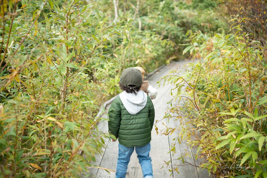 神仙沼の木道を歩く友人のこどもたち