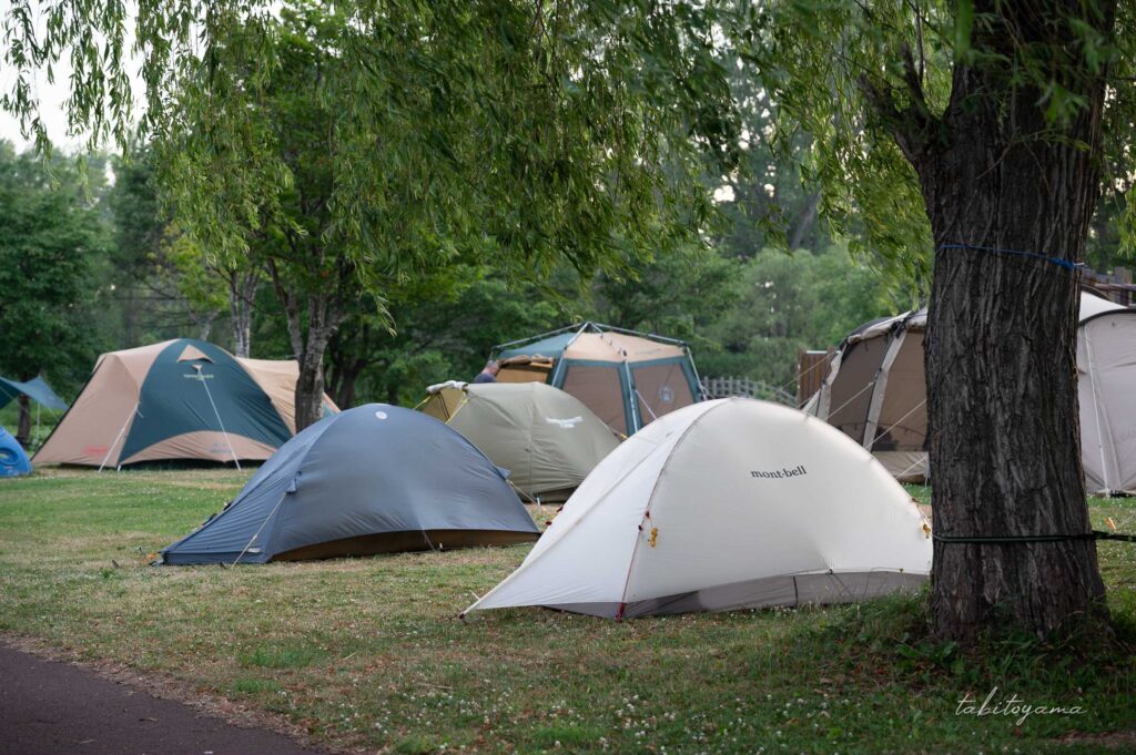 北村中央公園ふれあい広場キャンプ場に設営されたテントの数々。手前にはソロテントが並ぶ。