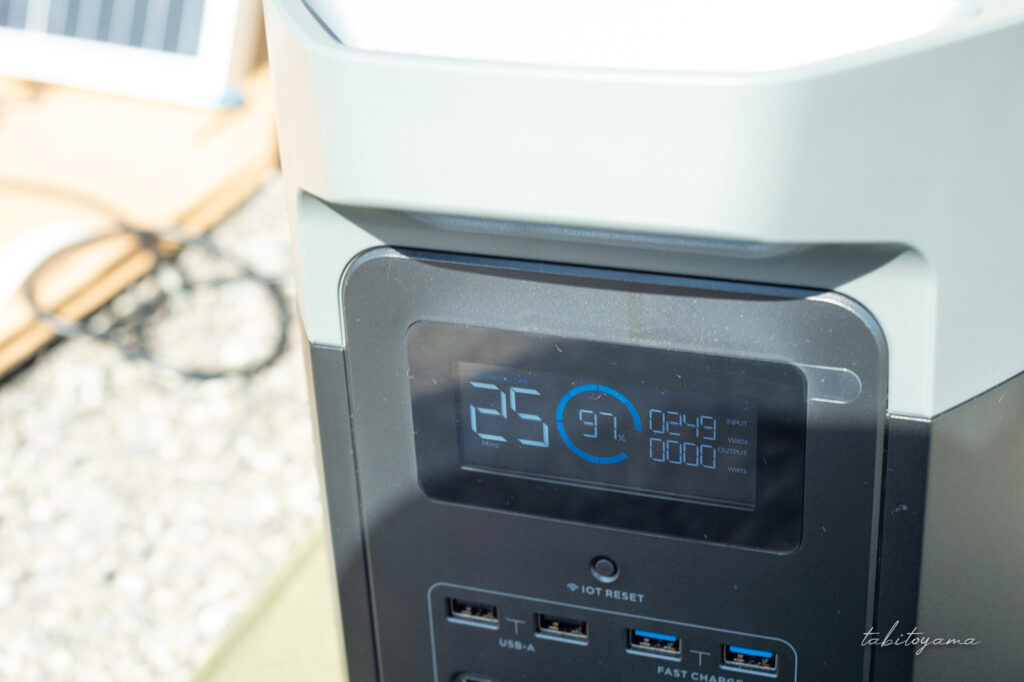 ECOFLOW DELTA 2の液晶パネル、ソーラー入力の数値は249Wの表示