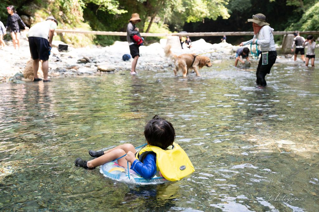 馬立川で浮き輪に浮かぶ息子と水遊びをする犬や子供たち