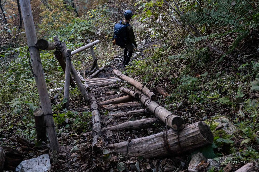 丸太で作られたハシゴを降りる登山者