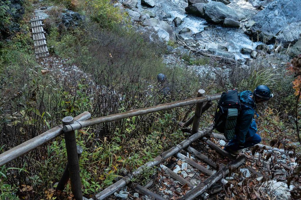 沢沿いの階段を下る登山者