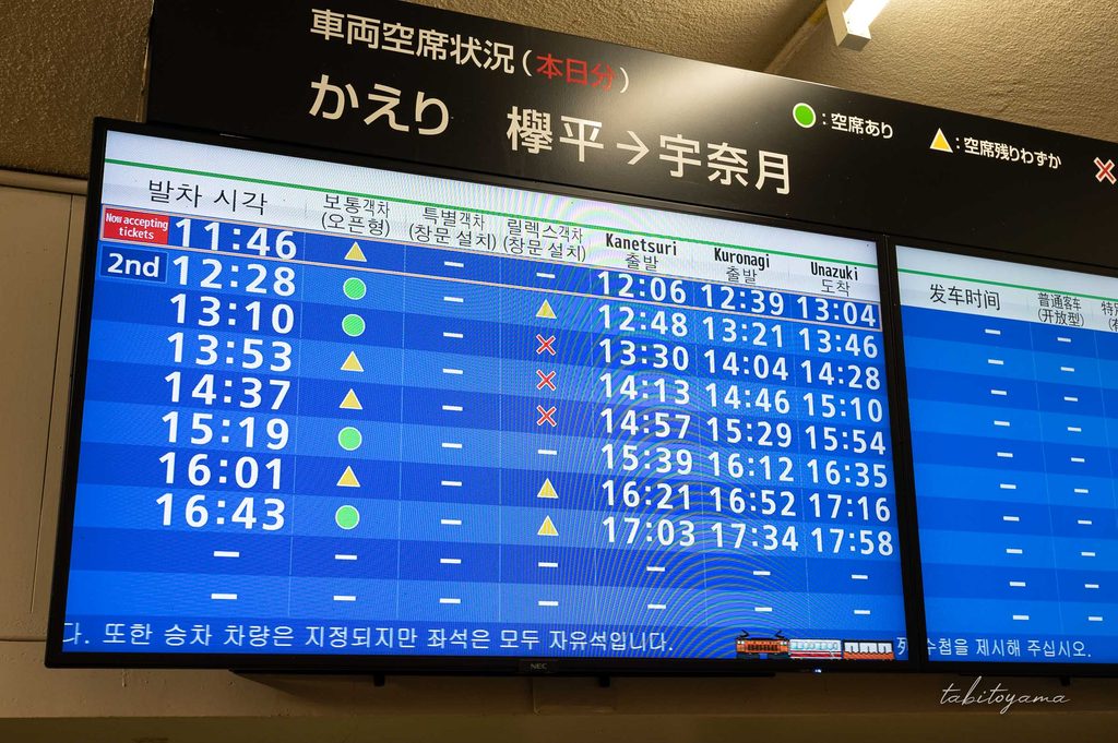 欅平から宇奈月行きの時刻表の電光掲示板