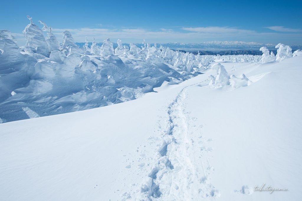 登山者のトレースの先には白く染まった朝日連峰